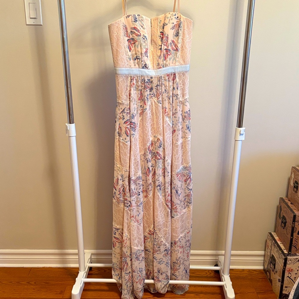 BCBG Max Azaria Nude Lace Floral Strapless Dress
